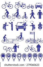 Vector set pictograms bicycle infrastructure icons. Vector bike accessories set.Various cycling poses in silhouettes