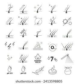 Vector set of pictograms. Hair care and its condition. Trichology, dandruff, hair growth, protection, moisturizing. Therapy. Healthy hair. Black and white graphics.	