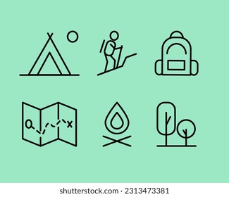 Vector set of pictograms for hiking in contour style, including tourist, maps, trees, campfire, tent, backpack, camping, location. A set of tourist badges.For web pages or applications.