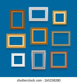 Vector set of picture frames on blue wall.