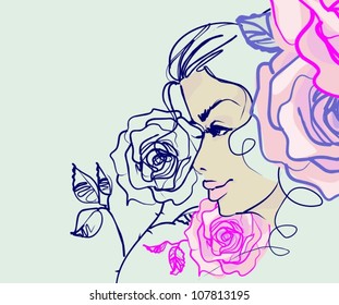 VECTOR  set with a picture of roses Background with the beautiful young   woman in bikini