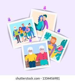 Vector Set of Pictures of elderly and young relatives and friends pinned to the wall. Happy family concept.