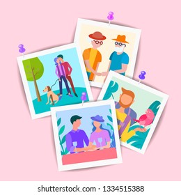 Vector Set of Pictures of elderly and young relatives and friends pinned to the wall. 