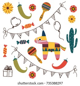 Vector set of pictures on the theme of the Mexican holiday: pinata, pepper, balloons, flags