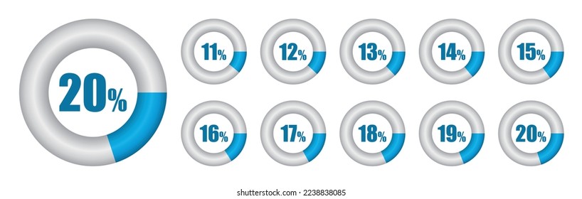 Vector set of Pie chart from 11 to 20 percent. Vector illustration.