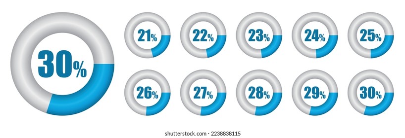 Vector set of Pie chart from 21 to 30 percent. Vector illustration.