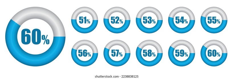 Vector set of Pie chart from 51 to 60 percent. Vector illustration.
