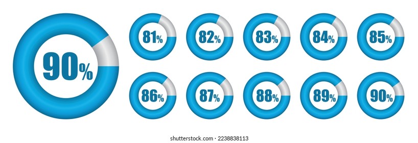 Vector set of Pie chart from 81 to 90 percent. Vector illustration.