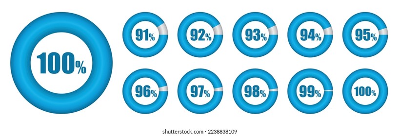 Vector set of Pie chart from 91 to 100 percent. Vector illustration. svg