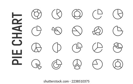 Vector set of pie chart thin line icons. Design of 20 stroke pictograms. Signs of pie chart isolated on a white background.