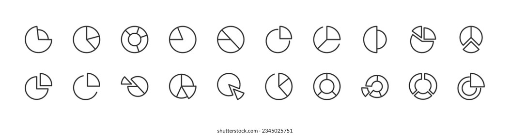 Vector set of pie chart thin line icons. Design of stroke pictograms. Signs of calendar isolated on a white background