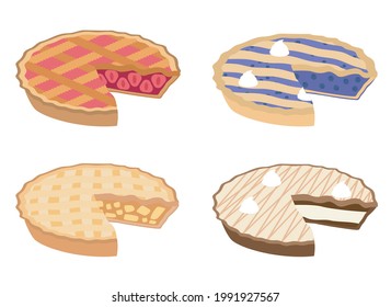 Vector set of pie. Cherry, bleuberry, apple and peach pie drawing. Hand drawn slice of traditional American baked dessert.