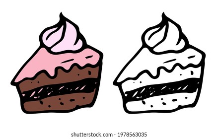 vector set of a piece of chocolate cake with pink icing and whipped cream or meringue on top. hand drawn in doodle style brownie brown cakes and pink koem and black outline on white background for des