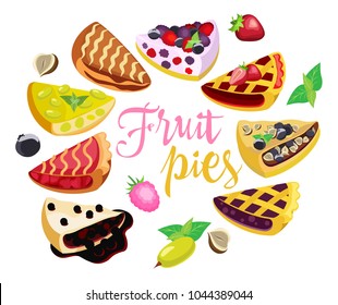 Vector set of pieces of various pies in the form of a wreath. On a transparent background