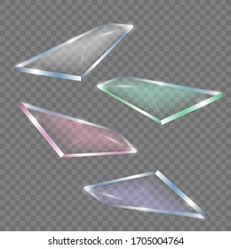 Vector set of pieces of white and colored glass on a transparent background.