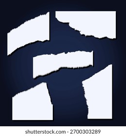 Vector set of pieces of white paper of different shapes and sizes with torn edges. Paper from a notebook or notebook, for school, office materials, document templates and graphic presentations.
