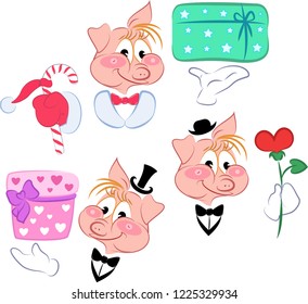 Vector set of pig character in different themed views with holiday attributes of birthday, Christmas and New Year, Valentine's Day.
