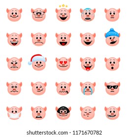 Vector set of pig emoticons. Collection of animal smiles with different emotions in cartoon style isolated on white background.
