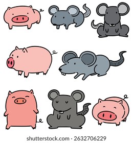 vector set of pig and rat