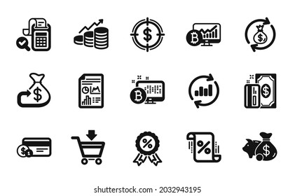 Vector set of Piggy bank, Update data and Loan percent icons simple set. Growth chart, Cashback and Bitcoin chart icons. Discount medal, Bill accounting and Dollar target signs. Vector