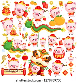 A vector set of pigs in Chinese new year costume and items