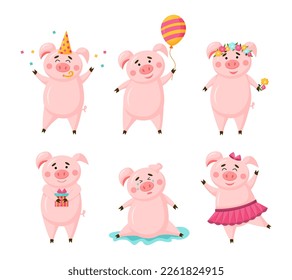 Vektorset von Schweinen süßer Cartoon-Charakter in verschiedenen Posen einzeln auf weißem Hintergrund. Kollektion Schweinefleisch mit Geburtstagshut, Schwein mit Ballon, Balletttutu, Geschenk, Blumen.