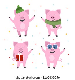 Vector set of pigs. Symbol of Chinese New Year 2019. Cute pig illustrations for logo, icon, card, banner. EPS 10.