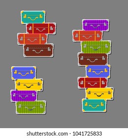 Vector set of piles of huge colorful cases. Travelling. Summer holidays. Bright baggage stickers. Cute cartoon laggage. Tourist elements.