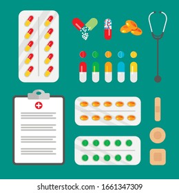 Vector set of pills and capsules. Medicines, tablets, drug of painkillers, antibiotics, vitamins. Healthcare medical items.