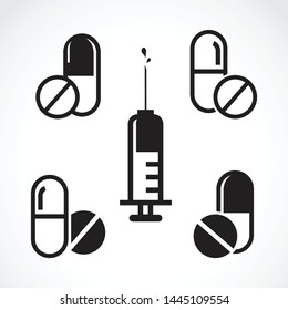 Vector set of pills and capsules and syringe isolated on white background. Easy editable layered vector illustration.