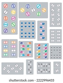 vector set of pills, tablets and capsules in blisters, flat icons, pharmacy and drug symbols on white background.