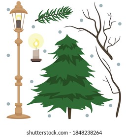 Vector set with pine, fir tree branch, dried twigs, candle and old fashioned street light