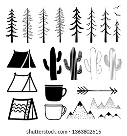 Vector set with pine trees and spruces, tourist tents, cups, doodle mountains, cactuses, birds and arrow. Collection for creating travel outdoor compositions