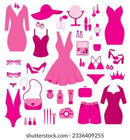 Vector set of pink accessories for girls. Pink clothes and cosmetics.