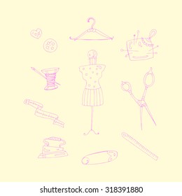 Vector set pink accessories for sewing . Various objects: buttons, thread, needle, measuring tape, hanger, mannequin, pin, pin cushion, scissors, ruler. On a pastel yellow background
