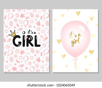 Vector set of pink baby shower cards for girls. It's a girl card. Vector invitation with cute pattern, balloon. Baby arrival and shower 