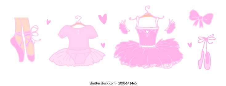 Vektorset aus rosafarbenem Ballett. ein handgezeichnetes Balletttutu im Doodle-Stil, spitze Füße, eine Schleife und ein Babykleid für ein Balletttanzstudio in Rosa mit weißer Umrisslinie für ein Design. Tanzkleider auf Hängern