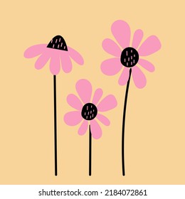 Conjunto vectorial de ilustraciones de flores rosadas y negras sobre fondo amarillo.