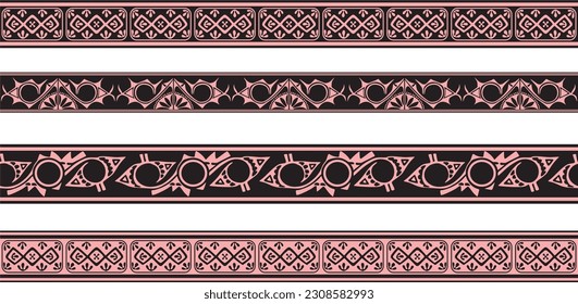 Vector set of pink and black Native American ornamental seamless borders. Framework of the peoples of America, Aztecs, Maya, Incas.
