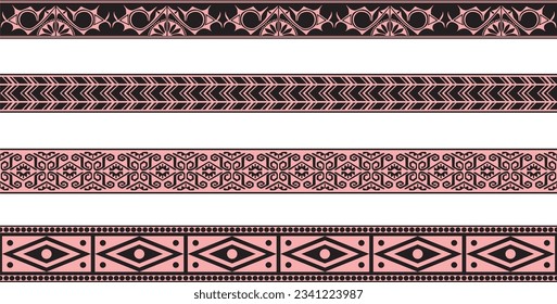 Vector set of pink and black Native American ornamental seamless borders. Framework of the peoples of America, Aztecs, Maya, Incas.
