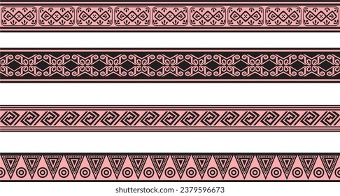Vector set of pink and black Native American ornamental seamless borders. Framework of the peoples of America, Aztecs, Maya, Incas.
