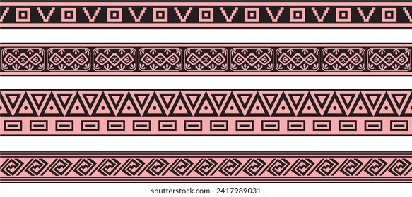 Vector set of pink and black Native American ornamental seamless borders. Framework of the peoples of America, Aztecs, Maya, Incas.
