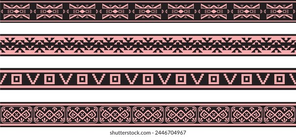 Vector set of pink and black Native American ornamental seamless borders. Framework of the peoples of America, Aztecs, Maya, Incas.
