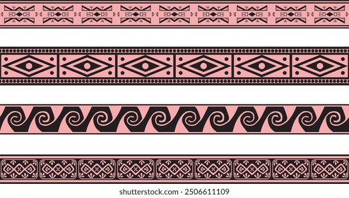 Vector set of pink and black Native American ornamental seamless borders. Framework of the peoples of America, Aztecs, Maya, Incas.
