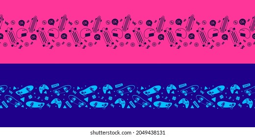 Vector Set of Pink and Blue Color Illustration with Skateboard. Skateboarding Seamless Pattern with Joystick and Helmet. Line Art Style Skate Background for T-shirt and Paper Print