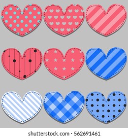 vector set of pink and blue hearts made of cloth