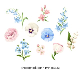 Vector set of pink, blue and white pansy flowers, lisianthus flowers, bluebells, lily of the valley and forget-me-not flowers isolated on a white background.