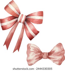 Vector Set of pink bow, red striped gift bow in watercolor style. Invitation, wedding, greeting cards. Satin pink bow, red striped gift bow watercolor vector illustration and Christmas element.