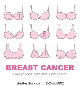 Vector set of pink bras and ribbon symbolizing Breast Cancer Month. A call for women around the world to take care of their health and get a breast test
