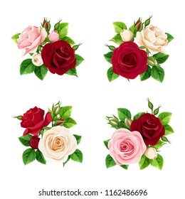 Vector set of pink, burgundy and white roses isolated on a white background.